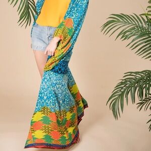 FREE PEOPLE MAXI KIMONO WOMENS ONE-SIZE BLUE GREEN SEVEN WONDERS 3/4 SLEEVE BOHO